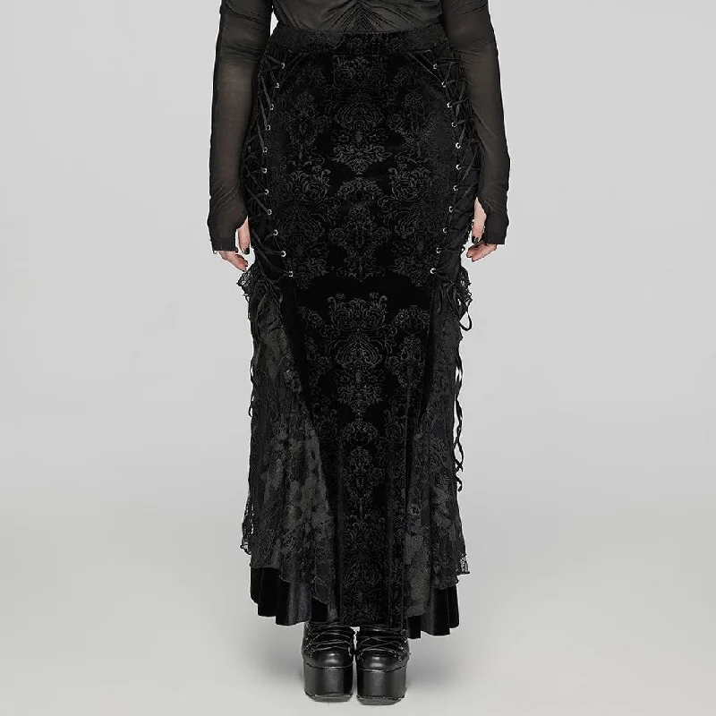 Elegant evening tops with lace-Women's Plus Size Gothic Lace-up Embossed Velvet Fishtailed Skirt