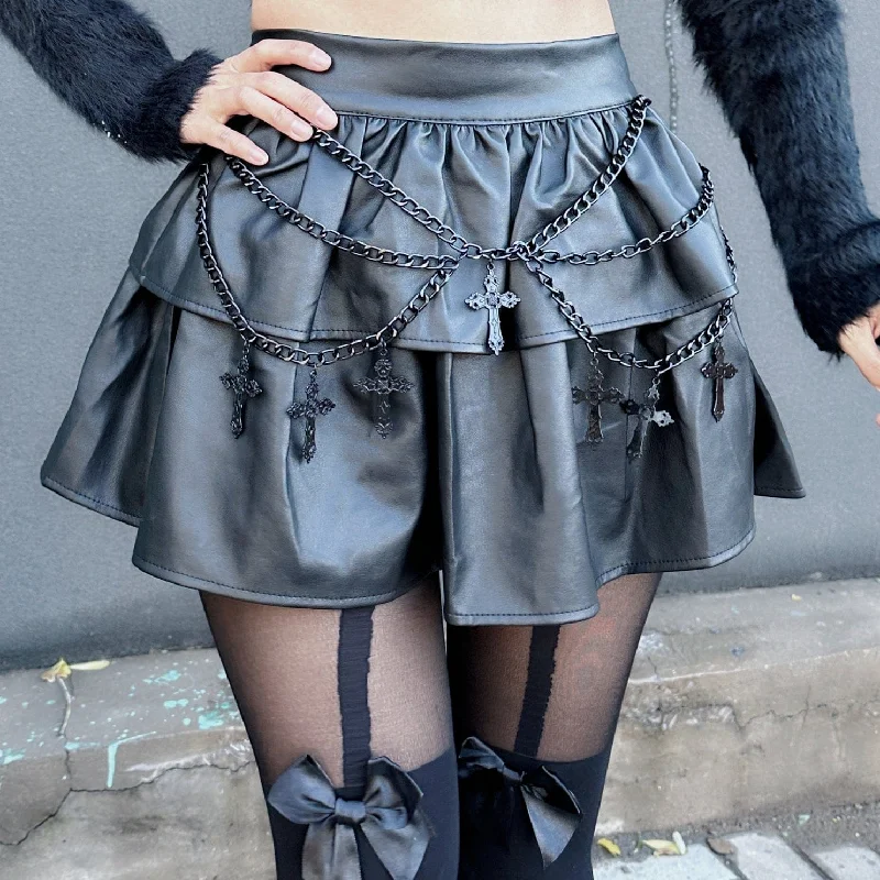 Affordable boho tops for summer-Women's Punk Flared Faux Leather Short Skirt